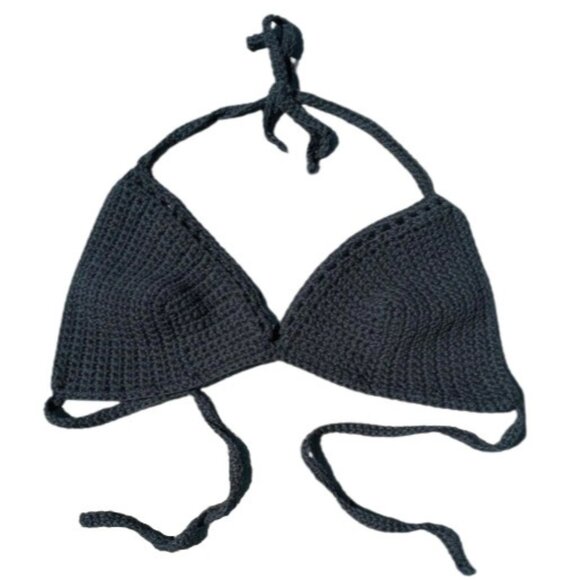 Womens Bikini Top Beach Crop Boho Goddess Sexy Bralette Black Handmade Crochet L - Picture 1 of 6